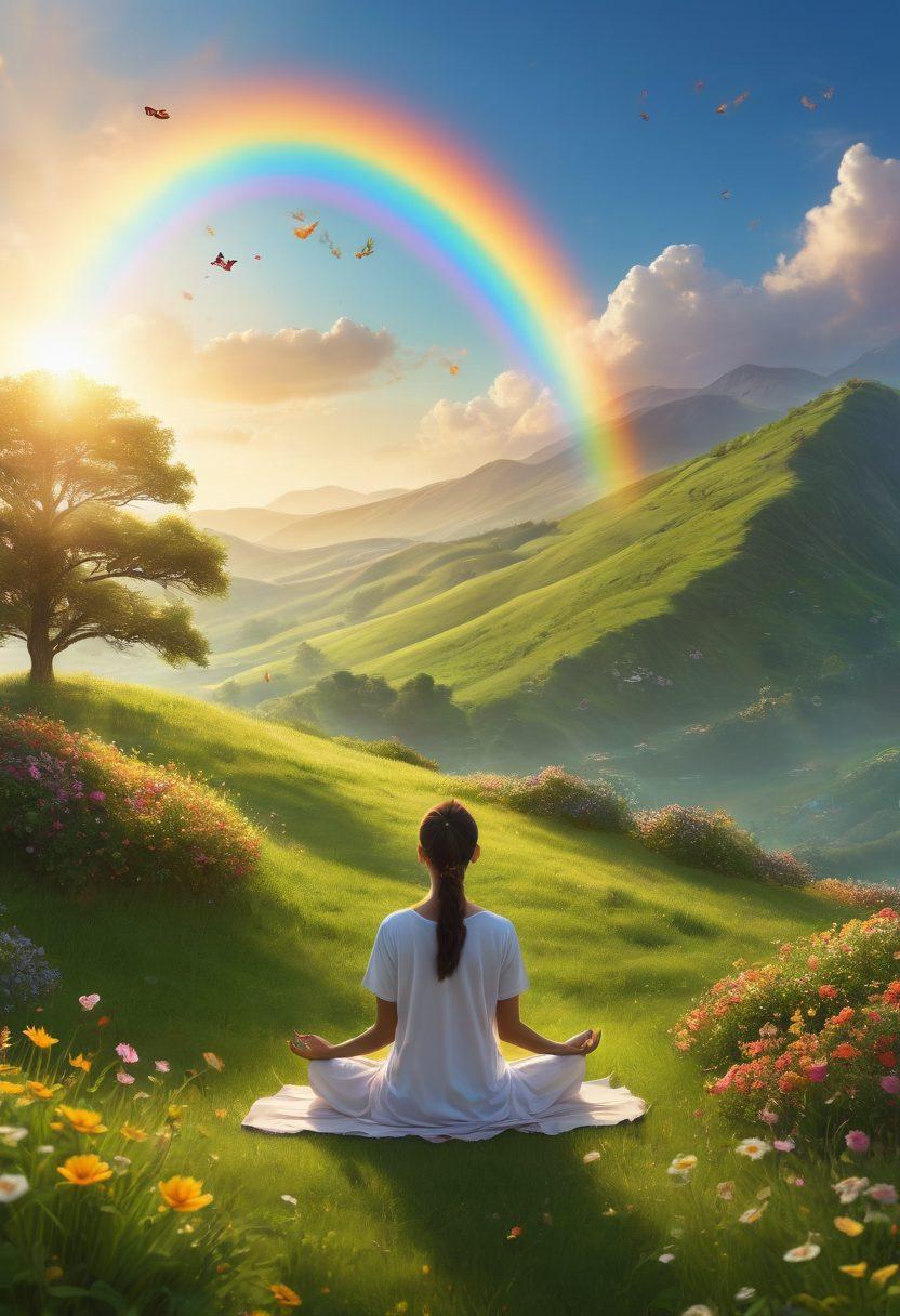 A serene scene of a person meditating on a lush green hilltop, bathed in golden sunlight. Surround them with blooming flowers, butterflies fluttering, and a rainbow arcing in the background. Include symbols of joy, such as a glowing heart and peaceful expressions. Capture the essence of tranquility and happiness. super-realistic. vibrant colors. daytime setting.