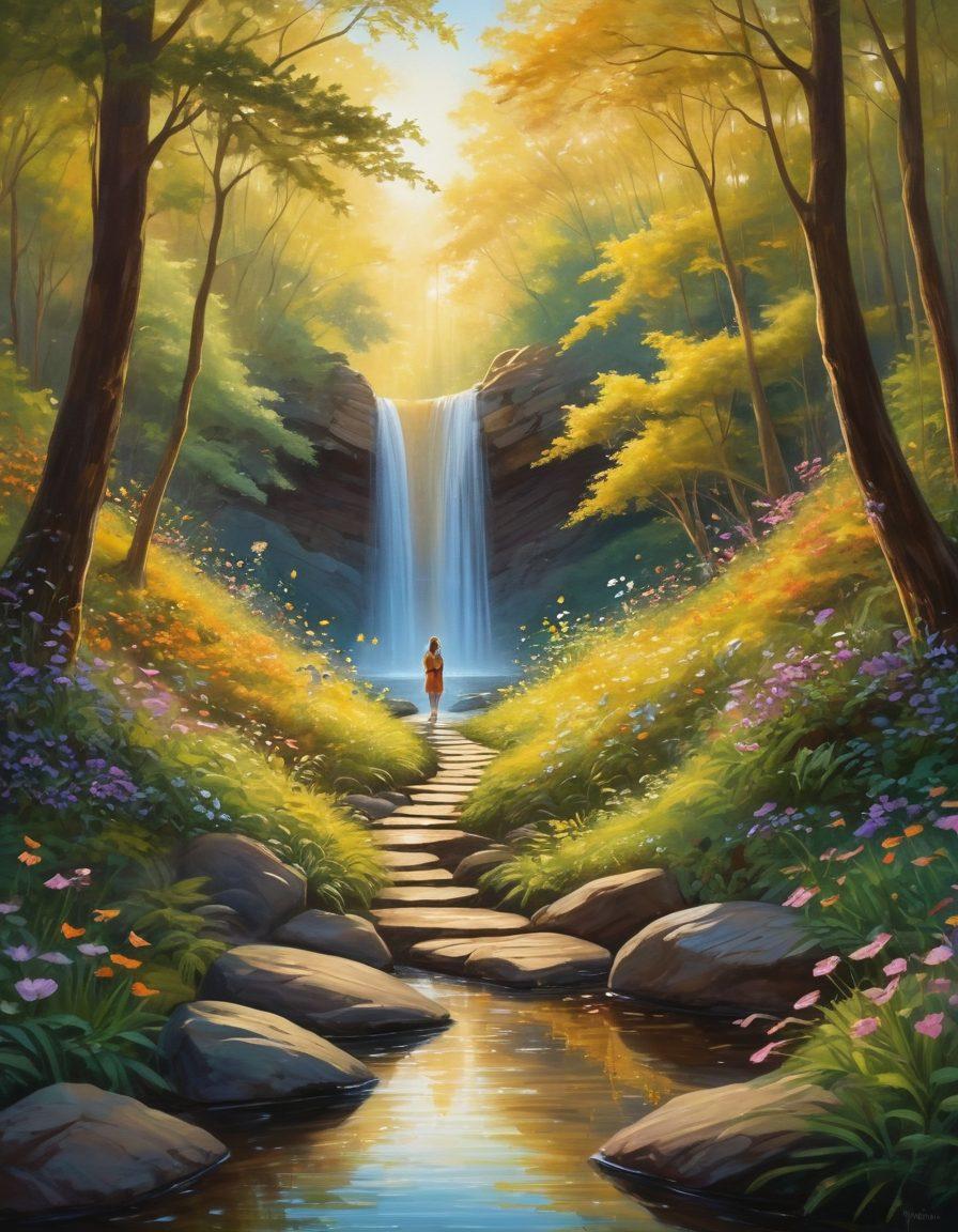 A serene landscape featuring a winding path through a tranquil forest, bathed in soft, golden light. Along the path, blooming flowers symbolize mental health vitality, while gentle streams flow nearby representing emotional clarity. A silhouette of a person meditating near a waterfall embodies the essence of bliss and inner peace. Whimsical butterflies flutter around, conveying joy and transformation. painting. vibrant colors. ethereal atmosphere.
