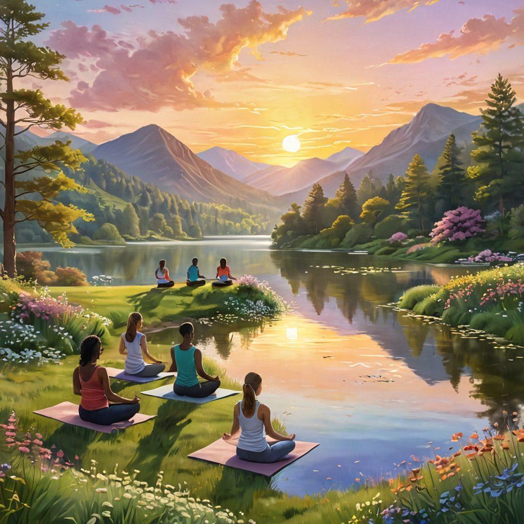 A serene landscape featuring a tranquil lake surrounded by lush green hills and blooming flowers, with a warm sunrise casting golden light over the scene. In the foreground, a diverse group of people are engaging in joyful activities like yoga, painting, and laughing together, embodying genuine contentedness. Soft pastel colors enhance the atmosphere of calmness and cheerfulness. digital illustration. vibrant colors. serene mood.